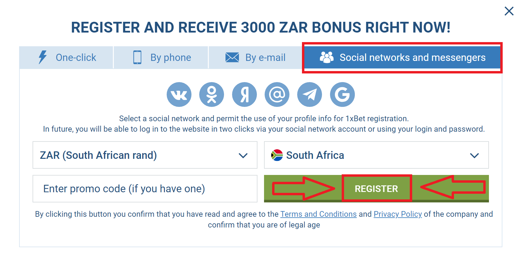 Registration at 1xBet Social media